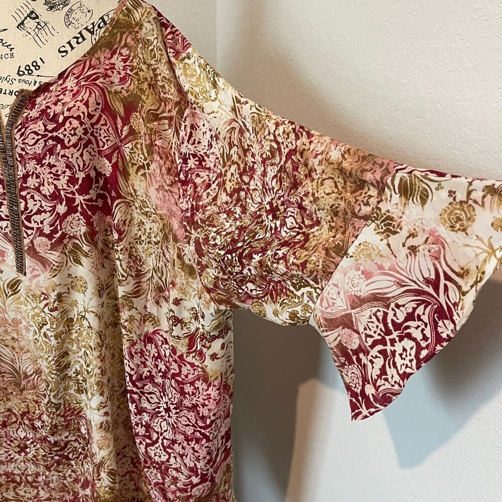 Catherines Top Womens Plus 5X Boho Scarf Print Beaded Long Sleeve Flowy Popover - Picture 2 of 10